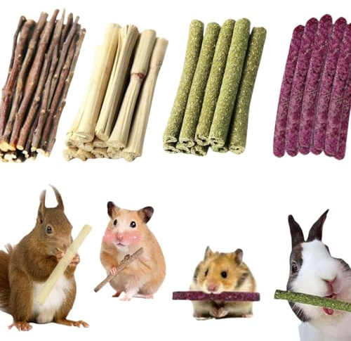 Lapin à Mâcher Jouets,Bâtonnets de Foin Timothy,Bâtonnets à Mâcher Bois Pommier,Petits Animaux de Compagnie Jouets Croquer,Jouets pour Petits Animaux,pour Chinchilla Cobaye Hamster Lapin,50pcs