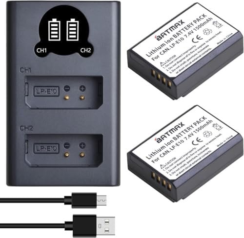 YUEFANSEN LP-E10 Battery Pack Dual Charger 2200mAh Large Capacity Battery 2 Kit Compatible with Canon 1100D 1200D 1300D 2000D 4000D EOS Rebel T5, Kiss X70, Kiss X80, 1200D, 1300D Camera