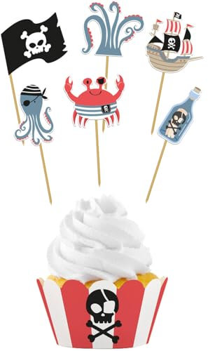 Folat 27482 Piraten Deko Kinder Geburtstag - Cupcake Deko-Set - Pirate Party - 6 Sets - Piraten Partygeschirr für Piratenparty Mädchen Junge