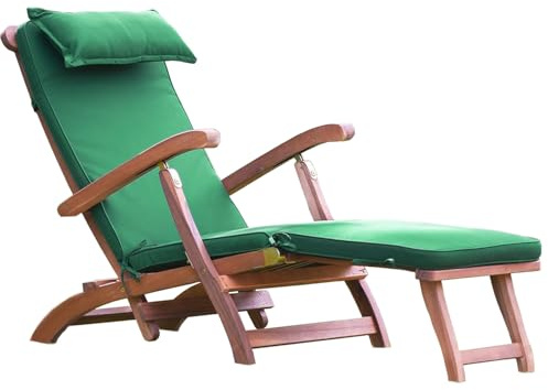 Foldable Wooden Sun Lounger with Cushioned Seat Adjustable Backrest & Footrest - Weather-Resistant Acacia Wood Recliner Chair for Garden, Patio & Poolside, Ergonomic Armrests & Space-Saving Design