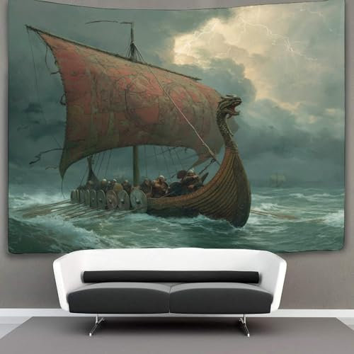 kaiyun Microfaser Flauschiger Wandteppich Mit Wikinger-Krieger Wandbespannung Oder Deckenbespannung Wandtuch (150cmx200cm,Das lange Schiff segelt auf rauer See)