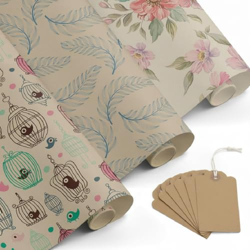 Lot de 3 rouleaux de papier cadeau 0,5 x 3 m • Impression KRAFT COULEURS • Idéal pour : magasins, commerces, emballages cadeaux, anniversaires, baby shower mariages, décoration [FP Fiesta Paper]