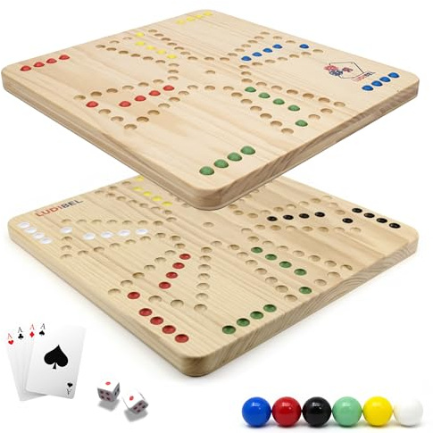 Ludibel – Tock & Ludo Spiel aus Holz XL 40x40 cm – Großes Brettspiel für 4 oder 6 Personen – Für Kinder, Erwachsene & Senioren – Inkl. Karten, Würfel & Glasmurmeln