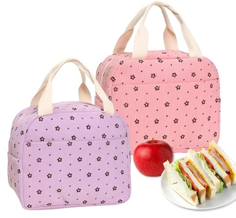 AMONENZ 2 Stück Lunchbox Tasche, Rosa und Lila Lunch Kühltasche, Corduroy und Aluminiumfolie Isolierte Lunchtasche, mit äußeren Seitentaschen, Geeignet für Arbeit, Familie, Picknick