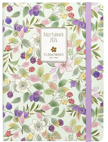 Turnowsky Mini - Kalender 2026, 12 Monate, täglich, mit Gummiband und Lesezeichen Trancia Metal in Cover, für Arbeit und Universität, 352 Seiten farbig bedruckt, Format 11 x 15,3 cm, Blumen und Beeren