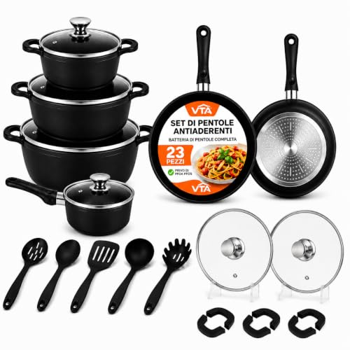 Set di Pentole 23 Pezzi Antiaderente con Coperchi in Vetro – Batteria di Pentole e Padelle con Manici Removibili, Mestoli e Accessori in Silicone – Adatte a Tutti i Piani di Cottura, Induzione Inclusa