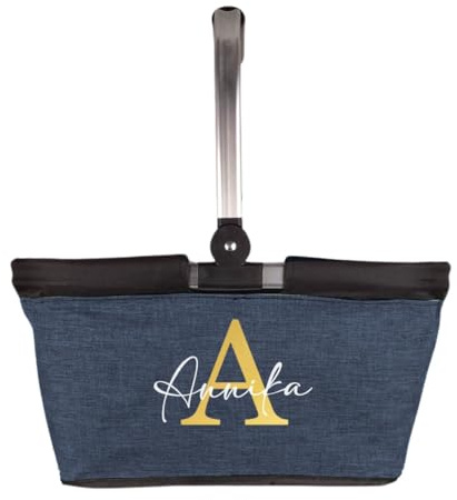 AWASG Einkaufskorb faltbar personalisiert, Einkaufstasche Buchstabe mit Name, Personalisiertes Geschenk Tragekorb Alurahmen, 20L dunkelblau