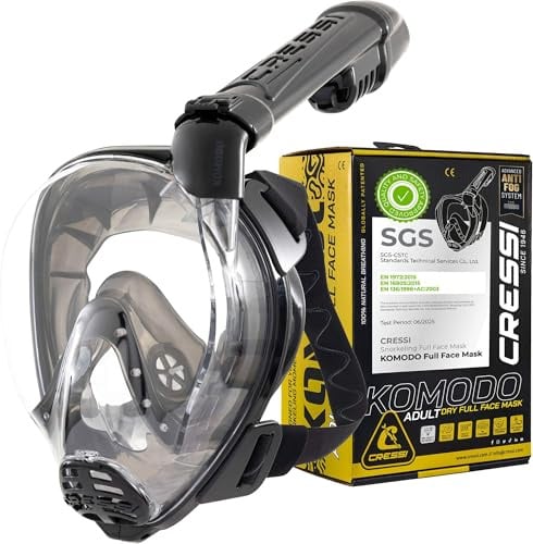 CRESSI Desde 1946 - Komodo Full Face Máscara Integral Seca para Snorkel Visión de 180° - CO2 Seguro - Silicona 100% Antivaho - Tubo Lateral - Correas Elásticas Ajustables - Negro/Negro - M/L