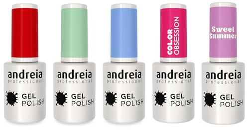 Andreia Semi-Permanent Nail Gel Polish for UV/LED Lamp - Intense Shine and 4 weeks Lasting French Manicure Nail Gel Varnish - Colour 10.5 ml (5x Bright Colours)