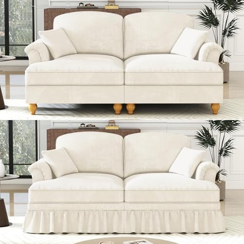 HAUSPROFI Modular Sofa, Couch mit Schlaffunktion, Cloud Couch mit Abnehmbarem Faltenrock,Verlängerte Armlehnen und Sofabeine aus Holz, Chenille-Gewebe, fürs Wohnzimmer (Weiß, 2 Sitze)