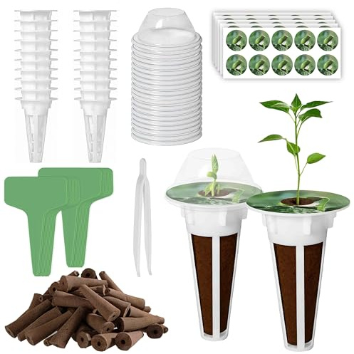 HATOVI 145 Stück Hydrokultur Wachstumsschwämme Set, 50 pcs Ersatz Zuchtschwämme, 50 Aufkleber,20 Etiketten,12 Isolierenden Deckeln, 12 Pflanzenkorb, 1 Pinzette