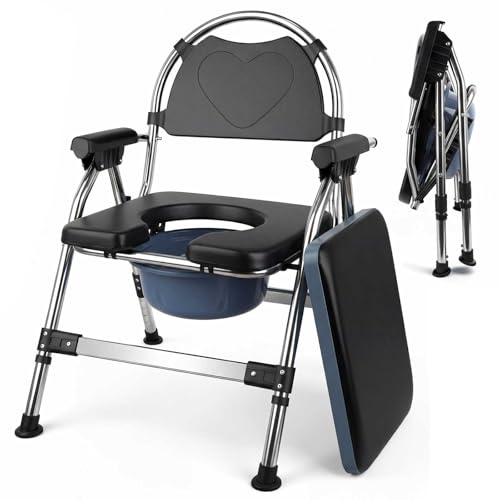 Commode Toilet Chair, Folding Commode Chair with Padded Seat, Height Adjustable Portable Toilet Chair for Elderly, Lightweight Bedside WC Frame with Removable Bucket & Safety Locks for Bedroom & Bathr