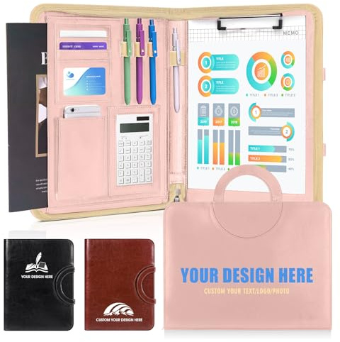 ENOMY Konferenzmappe A4 personalisiert Leder mit Reißverschluss, Dokumentenmappe Organizer Schreibmappe Portfolio Mappe mit Logo, Fach für Business Büro (Rosa)