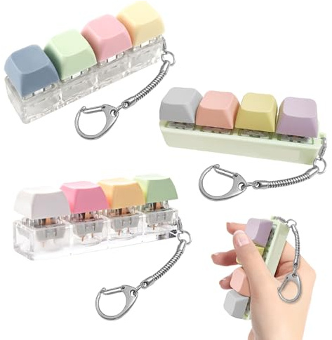 3Pcs Keyboard Fidget Toy, 4 Button Fidget Keyboard Keychain, Mini Stress Relief Toys with Gradient Keycaps, Mechanical Switch Keyboard Clicker, Fidget Keyring for Adults Teens, Suitable for Office Sch