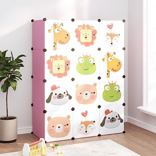 Barnskåp, modulär med 12 kuber i rosa PP-plast med stålram, 110 x 46,5 x 144 cm, stapelbar, utrymmesbesparande, med dörrar och trähammare, perfekt för barnrumsordning och förvaring