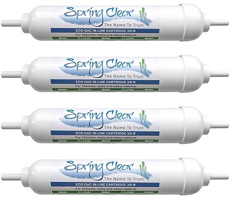 SpringClear Water Gem Compatible in-Line Filter Cartridge with 3/8 Male Stem | Universal Carbon Filter for Fridge Water Dispenser and Ice Maker with Scale Reduction | Kitchen Tap Filter (4 Pack)