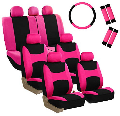 FH GROUP FB030217-COMBO Light & Breezy Stoff-Sitzbezug-Set, Airbag & Split Ready, Pink/Schwarz, passend für die meisten PKW, LKW, SUV oder Van