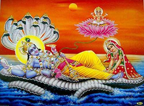 Crafts of India Sheshayee Lord Vishnu with his Wife Goddess Lakshmi/Hindu God Poster with Glitter-Reprint on Paper (Unframed : Size 12X16 Inches)