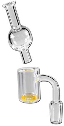 bong-discount Öl-Bong-Zubehör für OiL-Rig: Öl-Kopf, Banger zum Verdampfen von Öl, Steckkopf | 62 x 14 mm, NS 19 (18,8mm), Ansatz: 90° | BOROSILIKATGLAS, klar | Farbgranulat, Carb-Cap Rauchfänger