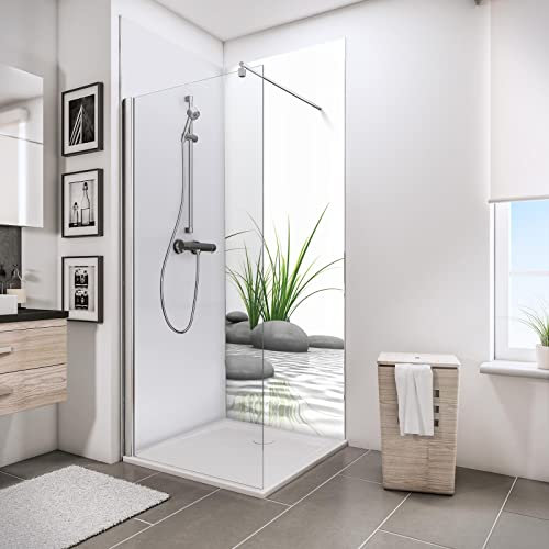 Schulte lot 2 panneaux muraux 90x210 cm + 3 profilés (2x finition, 1x angle intérieur), revêtement salle de bain, épaisseur 3 mm, motif pierres zen et herbes + blanc, avec adhésif double face