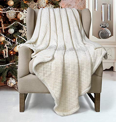 Catalonia Sherpa Decke Flauschige Kuscheldecke, Superweiche Warme Fleece Sofadecke/Couchdecke für Sofa TV Bett, umschaltbar Perfekt für Winter Chevron Muster, 150 x 130cm, Weiß