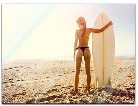 Bilderdepot24 Glasbild Surfer Girl - 80x60 cm - Deko Glas - brilliante Farben, inkl. Aufhängung