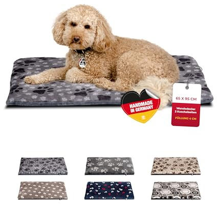HS-Hundebett® Hundedecke M (65x95 cm) – Wendbar & gemütlich Dank 3 cm Füllung – Perfekt fürs Sofa, Auto & Hundebox – Pfote Grau, Made in DE