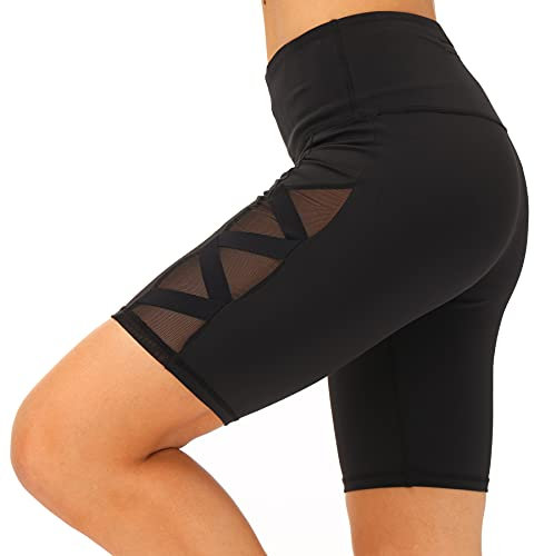 romansong Damen Mesh Kurze Leggings Yoga Hose mit Tasche Nicht Durchsichtig Hohe Taille Bauch Kontrolle Gym Shorts - Schwarz - Groß