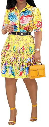 VERWIN Lapel Three-Quarter Sleeve Knee Length Pleated Floral Women's Sheath Dress (Medium, Yellow)
