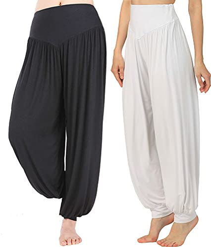 HOEREV Super Doux Spandex Pantalone Modale Harem Yoga Pilates,Nero+Bianco 2 Paia,3XL
