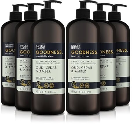 Baylis & Harding Goodness Oud, Cedar & Amber Body Wash, 1 Litre (Pack of 6) - Vegan Friendly