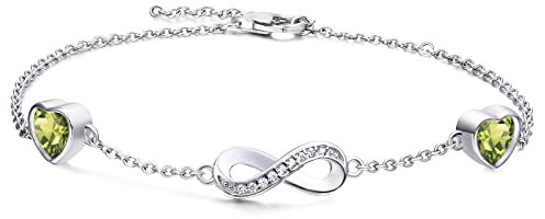 Qings Infinity Armband Damen Sterling Silber Unendlichkeit Liebes Herz Armbänder mit Peridot Geburtsstein Charm Herz Zirkonia Verstellbar Armkette Muttertag Weihnachten Geschenk für Mama Mädchen