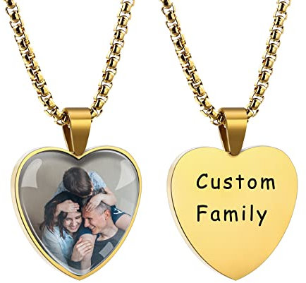 MeMeDIY Personalisierte Foto-Anhänger-Halskette Benutzerdefiniertes Bild-Text-Erinnerungs-Halskette Personalisiertes Geschenk für Frauen Männer (Gold & Foto+Text)