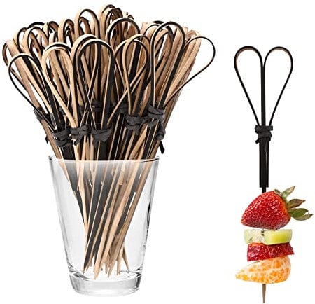 Bekecidi Palitos de Cóctel de Bambú, 100 Púas de Alimentos, Brochetas de Nudo de Bambú Natural, Palitos de Frutas, Palitos de Comida para aperitivos, Bebidas, Suministros para Fiestas 12 cm (Negro)