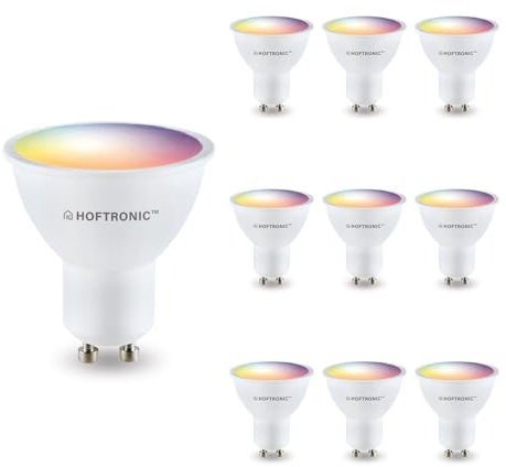 HOFTRONIC - Vorteilspackung 10er Smart Home GU10 LED Strahler - WiFi + Bluetooth - Farbig RGBWW - Steuerbar via Handy und Sprache (Google Home, Alexa und Siri)