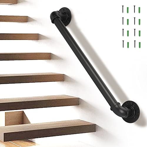 awagas 60cm Industrial Handrails for Stairs, 2ft Black Steel Handrail Wall Mounted Bannister Hand Rail, Anti-Slip Pipe Stair Railing for Indoor Outdoor Stairs