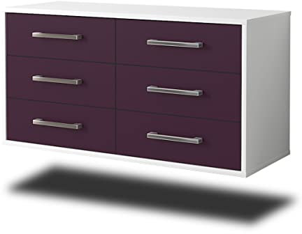 Lqliving Lowboard - Unterschrank Baltimore, Wandmontiert, Korpus: Weiss matt, Front: Farb-Design Lila (92x49x35cm), mit Metall Griffen, Made in Germany