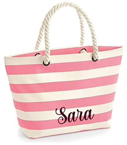 Caribu design Borsa Donna Ragazza Primaverile/Estiva Personalizzata con Nome o Iniziali - Tote Bag Spiaggia Mare Grande Stampa a Righe Manici in Corda da portare a Mano o Tracolla (Rosa/Panna)