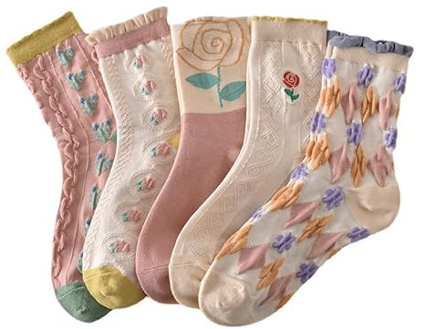 Aoguaro Damen 5/10 Paar Blumenmuster Socken, Baumwolle, Vintage, Crew, Bestickt, Modisch