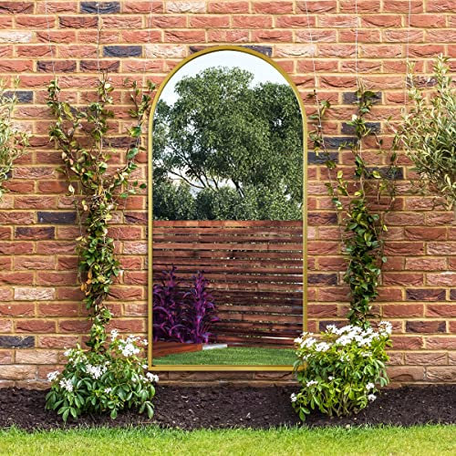 MirrorOutlet The Arcus - Gold Framed Modern Full Length Arched Garden Wall Mirror 71 X 35 (180CM X 90CM) Silver Mirror Glass with Black All weather Backing.