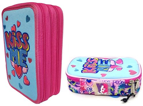 Astuccio Scuola pool Over Yung Girl Kiss Me Baciami con Glitter Rosa Fucsia 3 piani + Astuccio zip + omaggio portachiavi paillettes e penna colorata