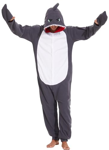 sazpajacos Tierischer Hai Einteiler Halloween Cosplay Kostüm Unisex Erwachsener Hai Strampler Schlafanzug Cartoon Wilder Hai Kostüm Verkleidung Party Einteiler für Frauen Männer