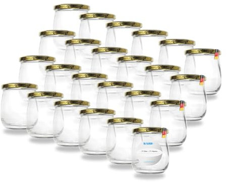 Flaschenbauer 417ml Premium Einmachgläser, 24 x vielseitige Konservengläser mit TO82 Twist-Off Deckel, inklusive Etiketten - für Marmeladen, Honig, Obst, Gemüse - Diverse Farben & Sets [Bienenmotiv]