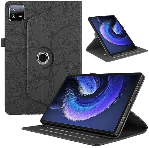 TEDTIKJT Tablette Coque pour Xiaomi Pad 6/Pad 6 Pro 11 2023 PU Cuir 360°Rotatif Multi-Angle Stand Flip Cover Arbre de Vie Rotating Étui Housse Protection Tablette Cover,Noir