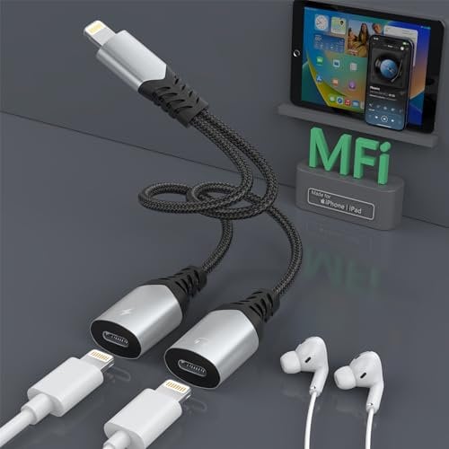 2 in 1 Dual Lightning Splitter for iPhone, 【Apple MFi Certified】 Video Call+Music+HiFi+Charge+Mic+Control for iPhone Charger and Headphone Adapter Compatible with iPhone 14/13/12/11/XS/XR/X/8/7/6/iPad