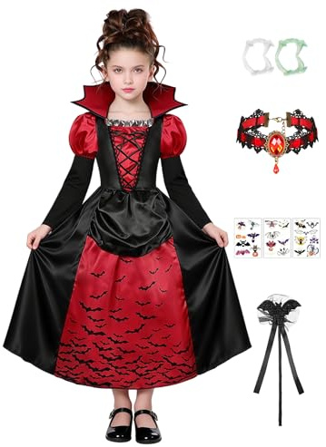 FOVER Vampir Kostüm Kinder Mädchen Dracula Kostüm Kinder Gothic Royal Vampirin Königin Cosplay Outfit mit Zubehör Halskette Zähne Halloween Karneval Mottoparty Dress Up Set