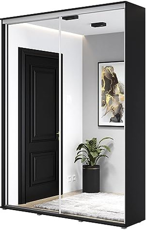 Meble Slupia Kleiderschrank ZUZA - Schiebetüren, Geteilte Tür, Kleiderstange, Zwei Spiegel - Schrank für Schlafzimmer, Vorraum, Garderobe - Holzwerkstoff - 160x242x45 cm, Schwarz