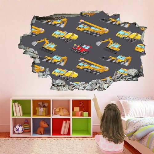 3D Wandtattoo I Wandbild Cartoon-Auto Wandaufkleber I Wandsticker Durchbruch Baumaschinen Poster Fensterblick I Wand Deko Aufkleber für Wohnzimmer Schlafzimmer Küche Türaufkleber 67x45cm