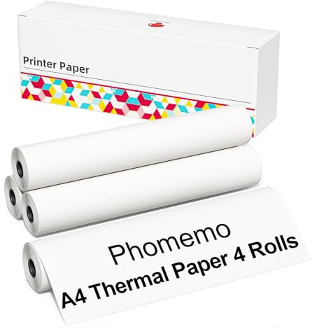 Phomemo Lot de 4 rouleaux de papier pour imprimante thermique A4, 210 mm x 6,5 m Compatible avec Phomemo M832/M833/M834/M835/M836 Imprimante portable A4, pour voyage, maison, photo, facture