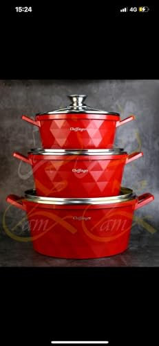 ClaShop Tris casseruole diamantate in pietra lavica e induzione misura 20/24/28 colore rosso